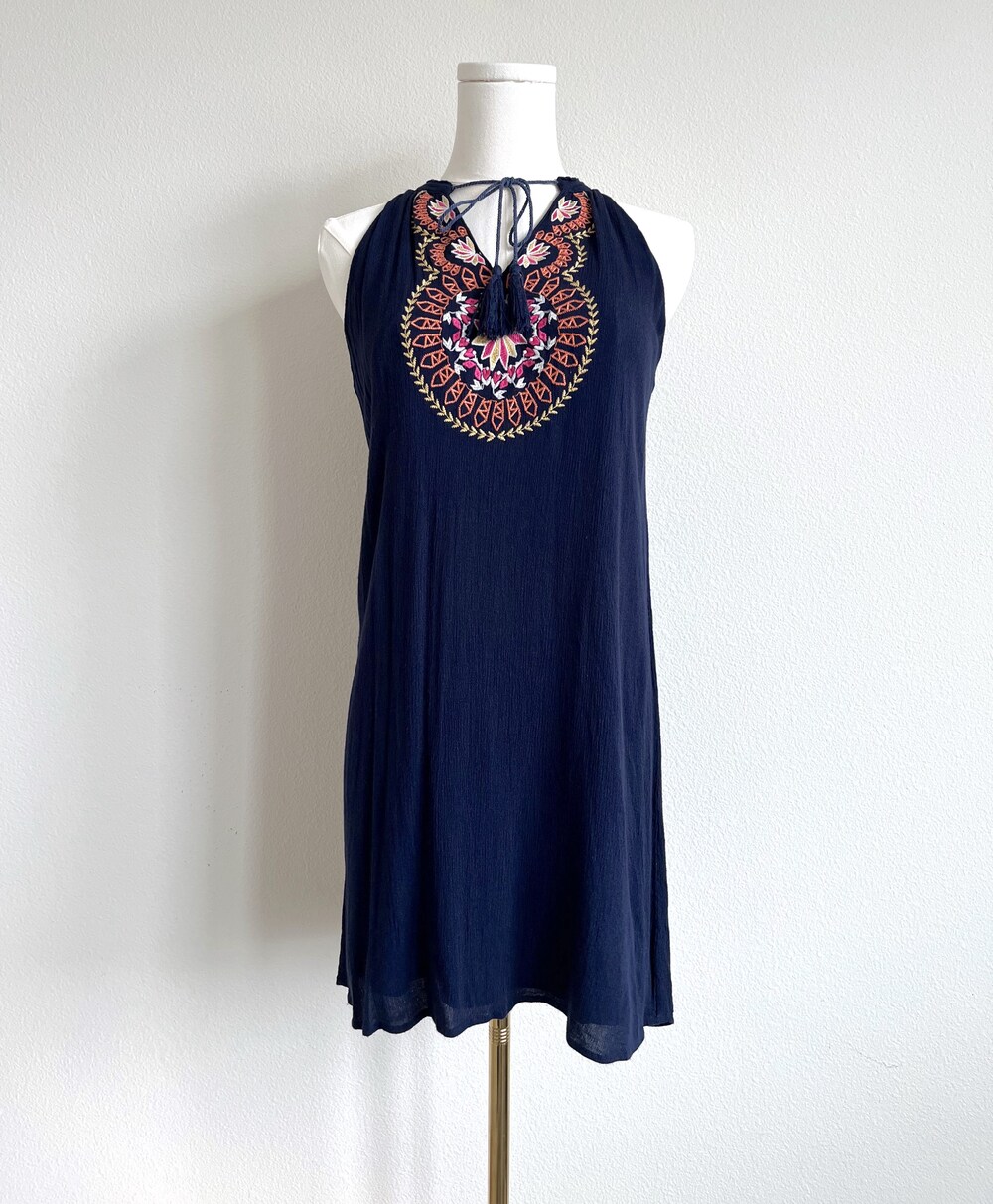 THML Navy Embroidered Tassel Halter Shift Dress - Boho Coastal Mini - Size MP